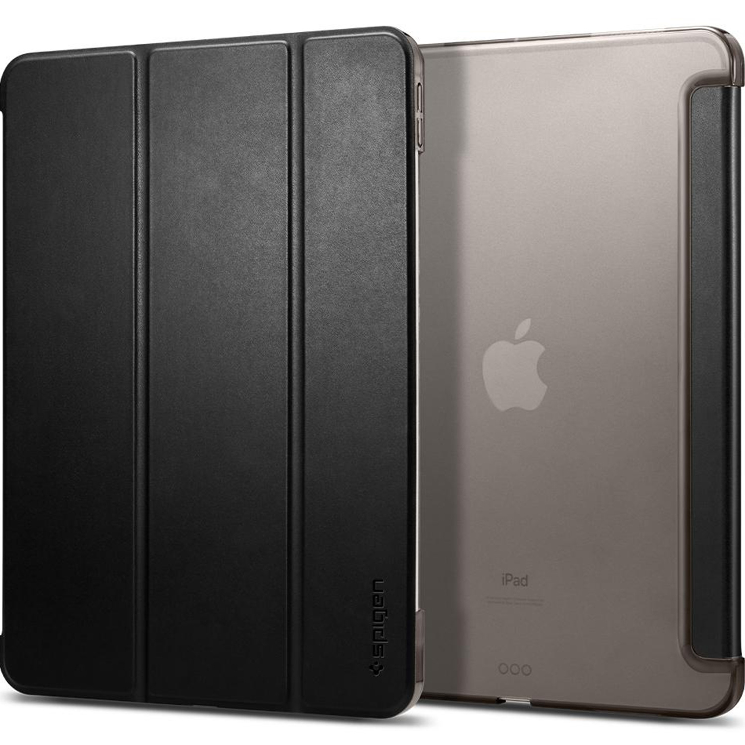 Black tablet case on the left, iPad back on the right, showing the Apple logo. White background.