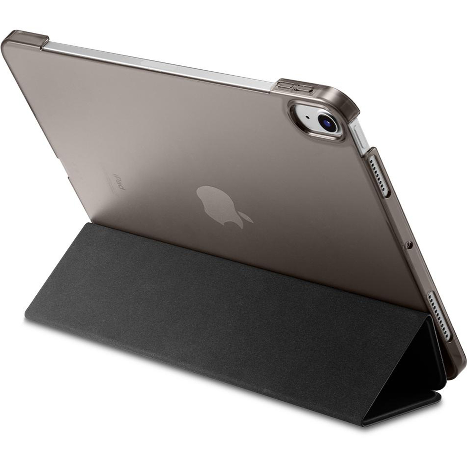 Tablet with a case and a stand. The case is clear and has a stand.
