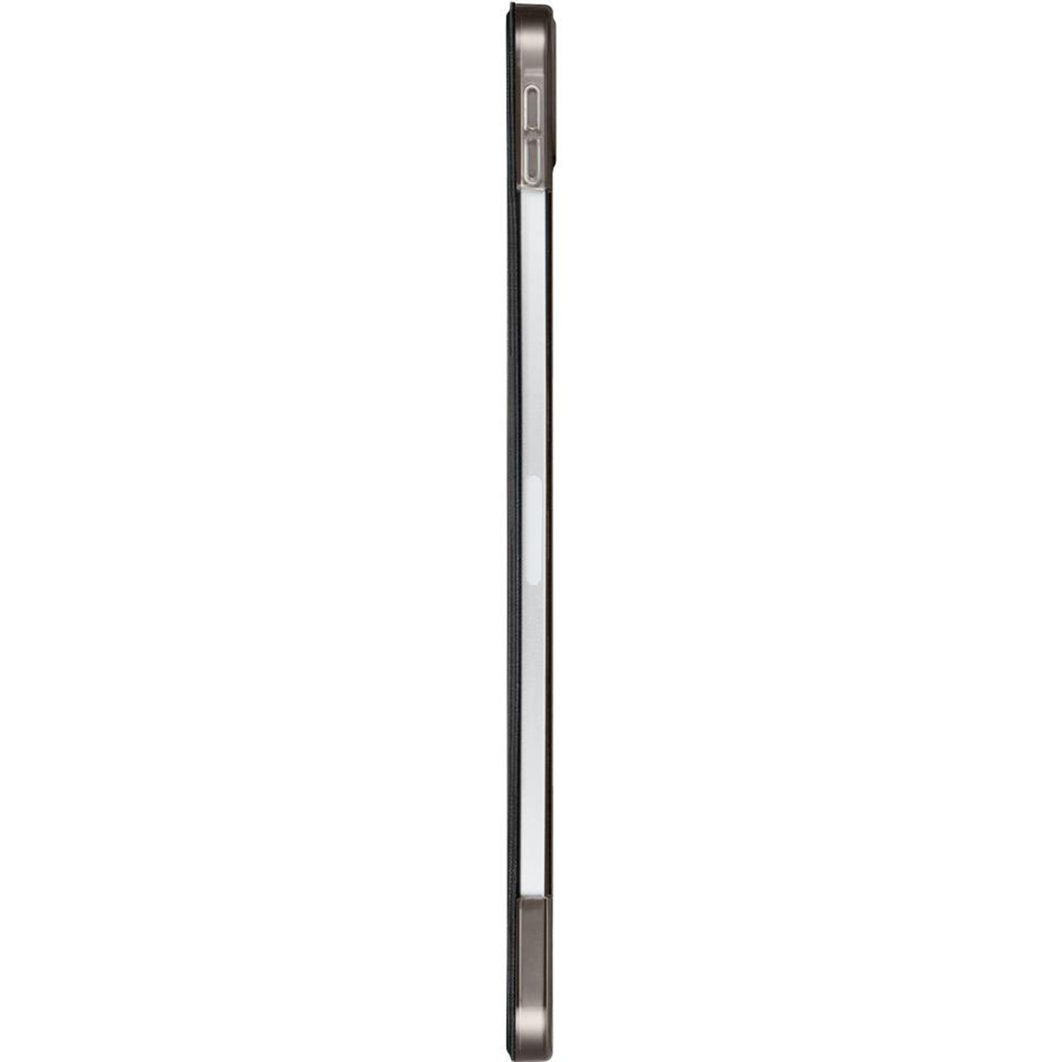 Side view of a phone in a clear case. The phone is thin and has a camera on the back. The case is transparent.