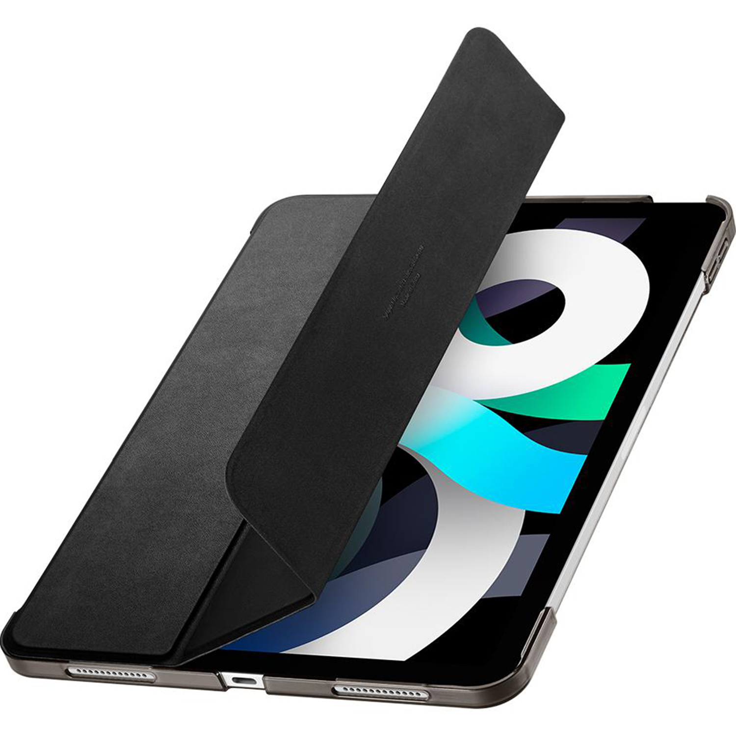 Black iPad in a black case. The cover is open, revealing the screen.
