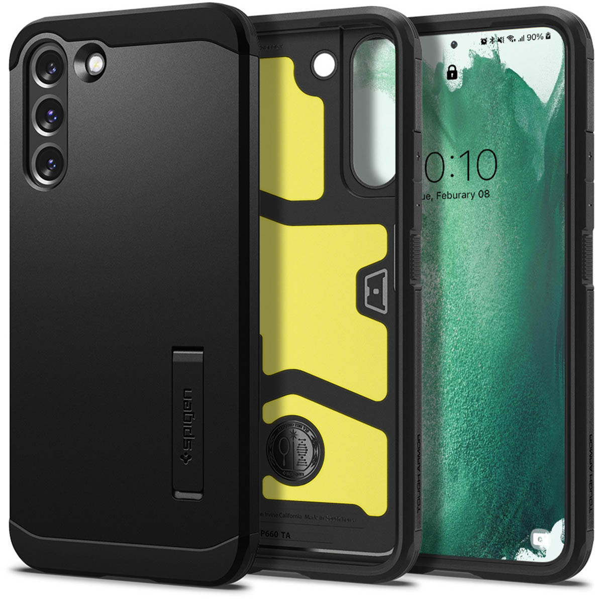 Una custodia per telefono nera con un telefono all'interno, che mostra la fotocamera e l'interno giallo.