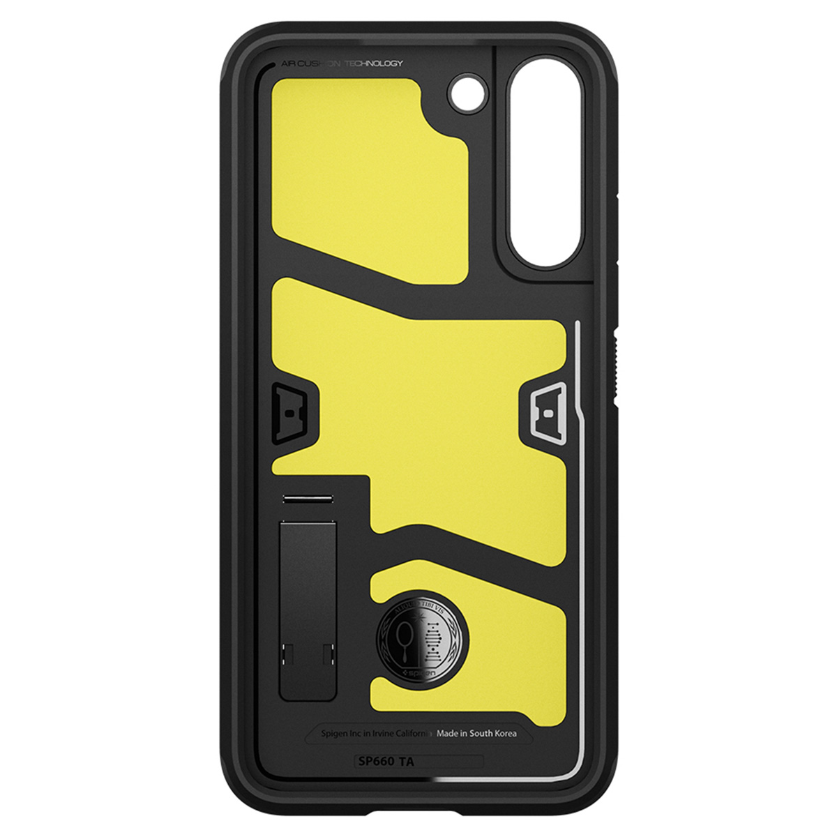 Una custodia nera per telefono con interno giallo. La custodia ha un supporto e ritagli per un telefono.