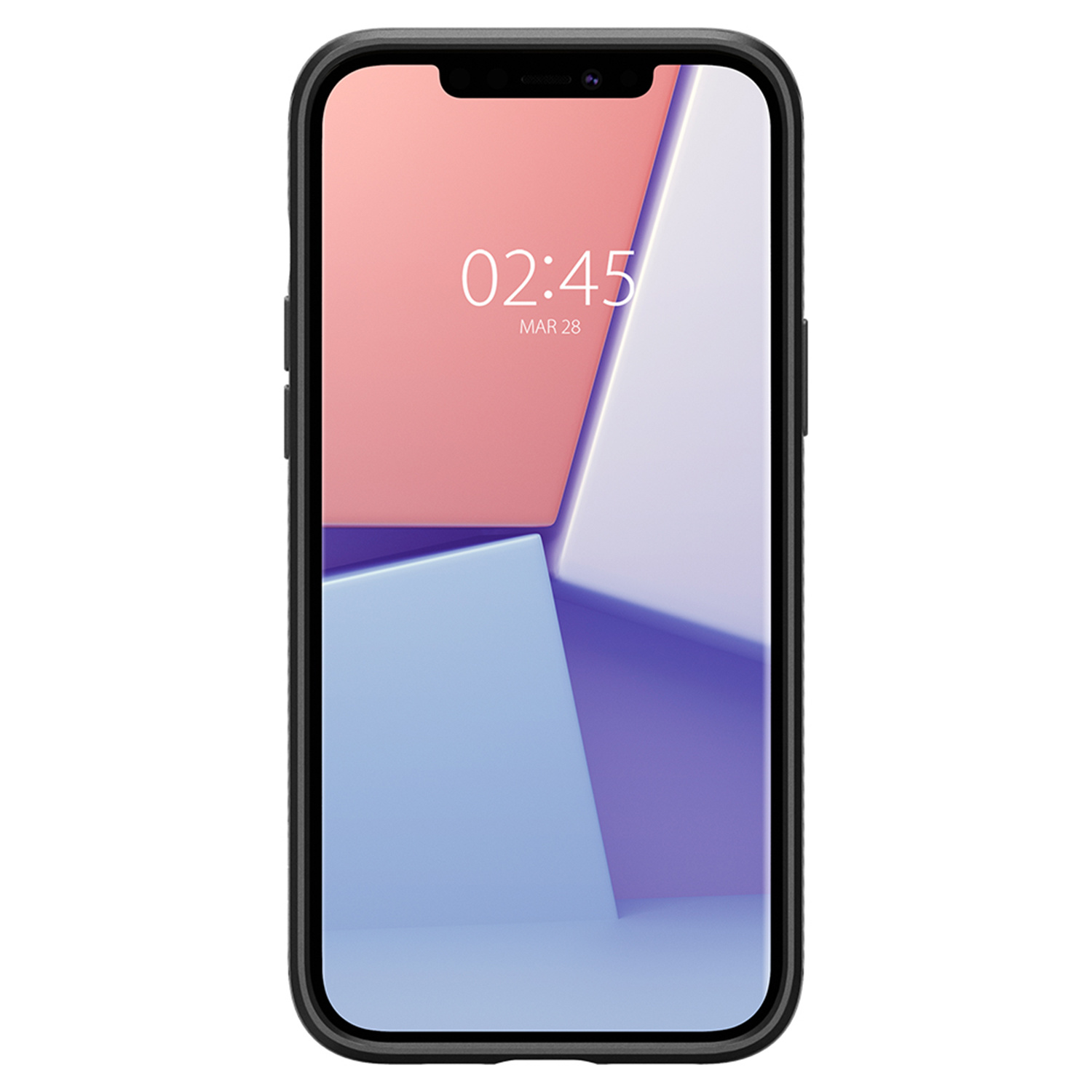 Schermo del telefono con design astratto in una custodia. Orario visualizzato: 02:45, 28 marzo.
