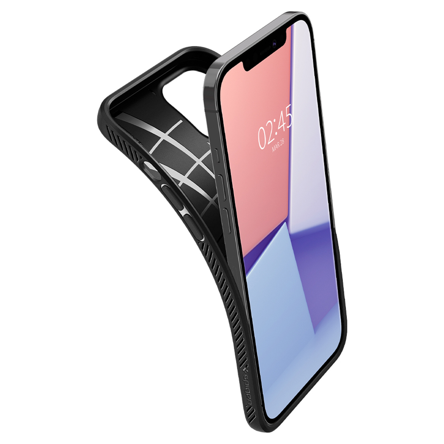 Custodia per telefono nera su un telefono con display colorato, che mostra ora e data.