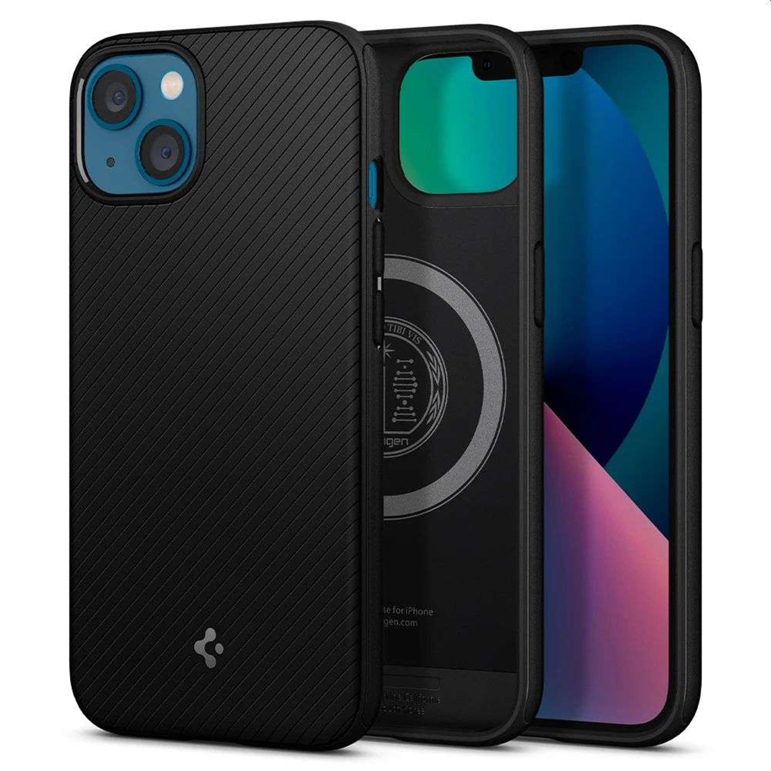 Funda protectora negra con patrón estriado, anillo magnético interior circular y recorte para la cámara.