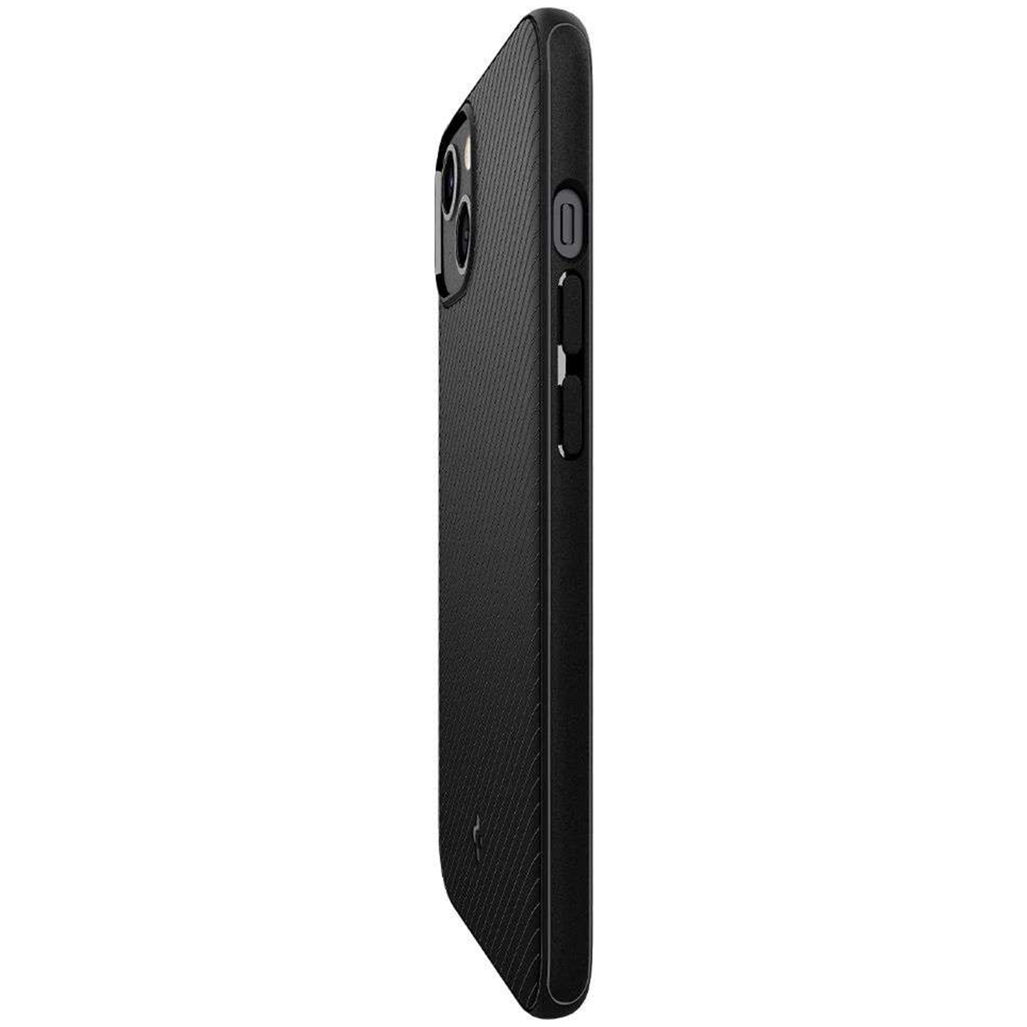 Zwart telefoonhoesje met geribbelde textuur, zij-aanzicht.