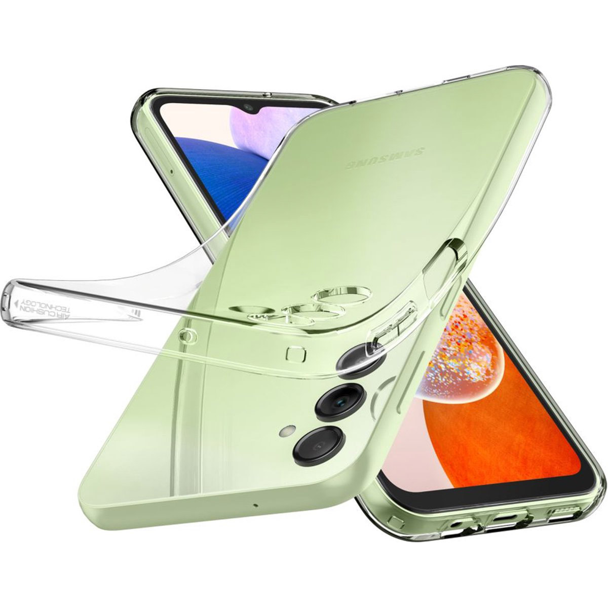 Custodia trasparente su telefono verde. Il telefono ha fotocamera e tre lenti.