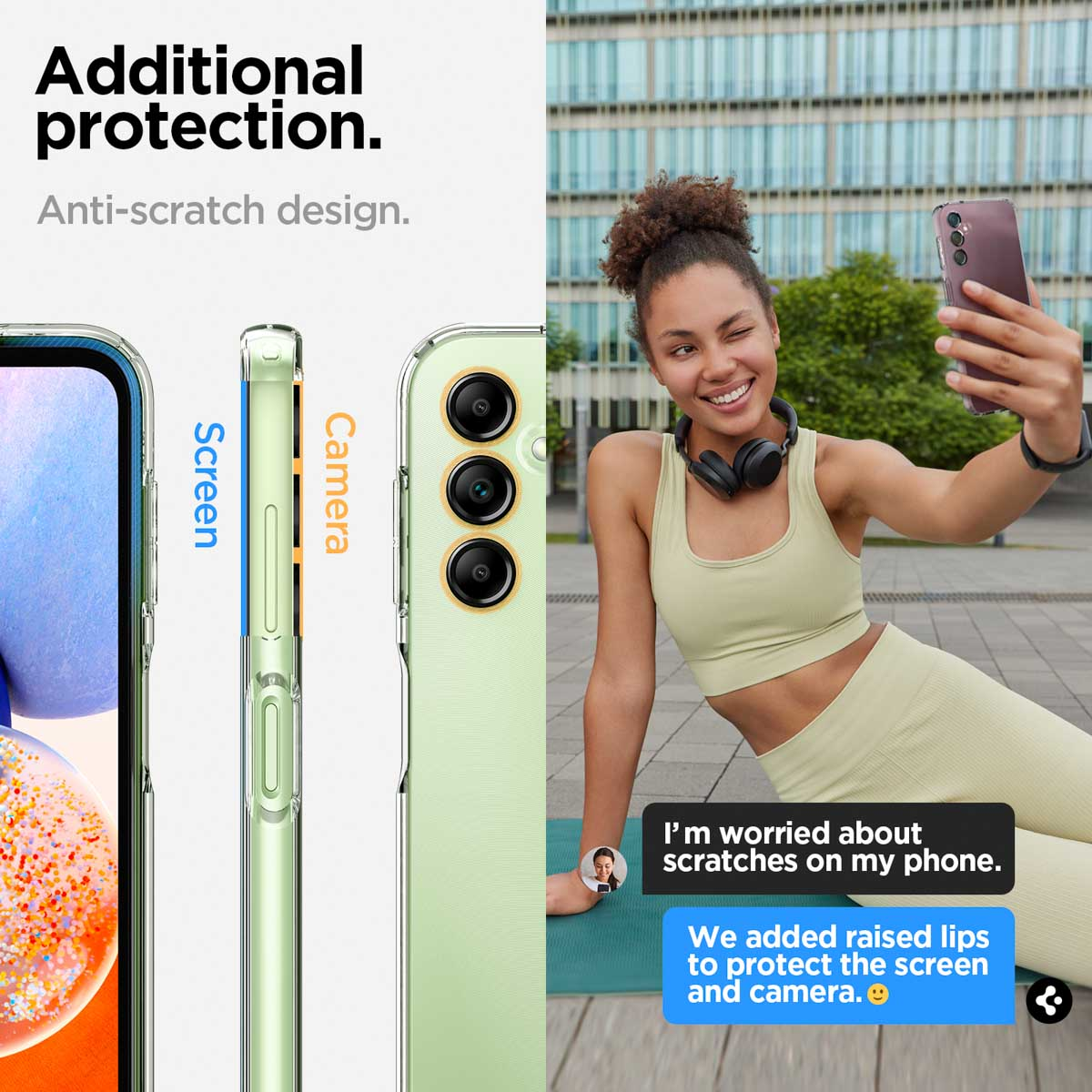 Donna che scatta un selfie con un telefono. La scena mostra uno schermo, una fotocamera e i bordi rialzati del telefono.