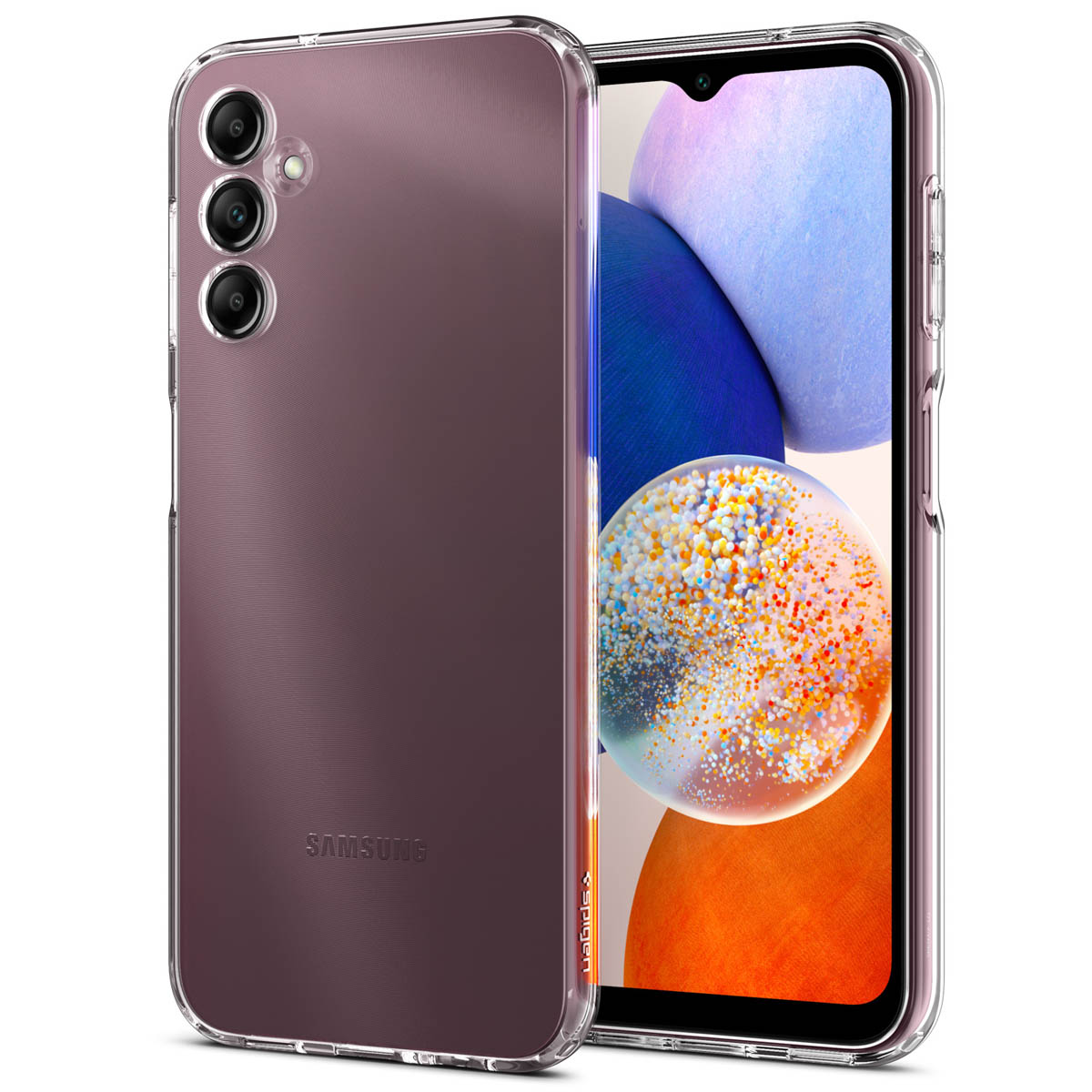 Custodia trasparente per telefono su un telefono viola. Il telefono ha tre fotocamere disposte verticalmente.