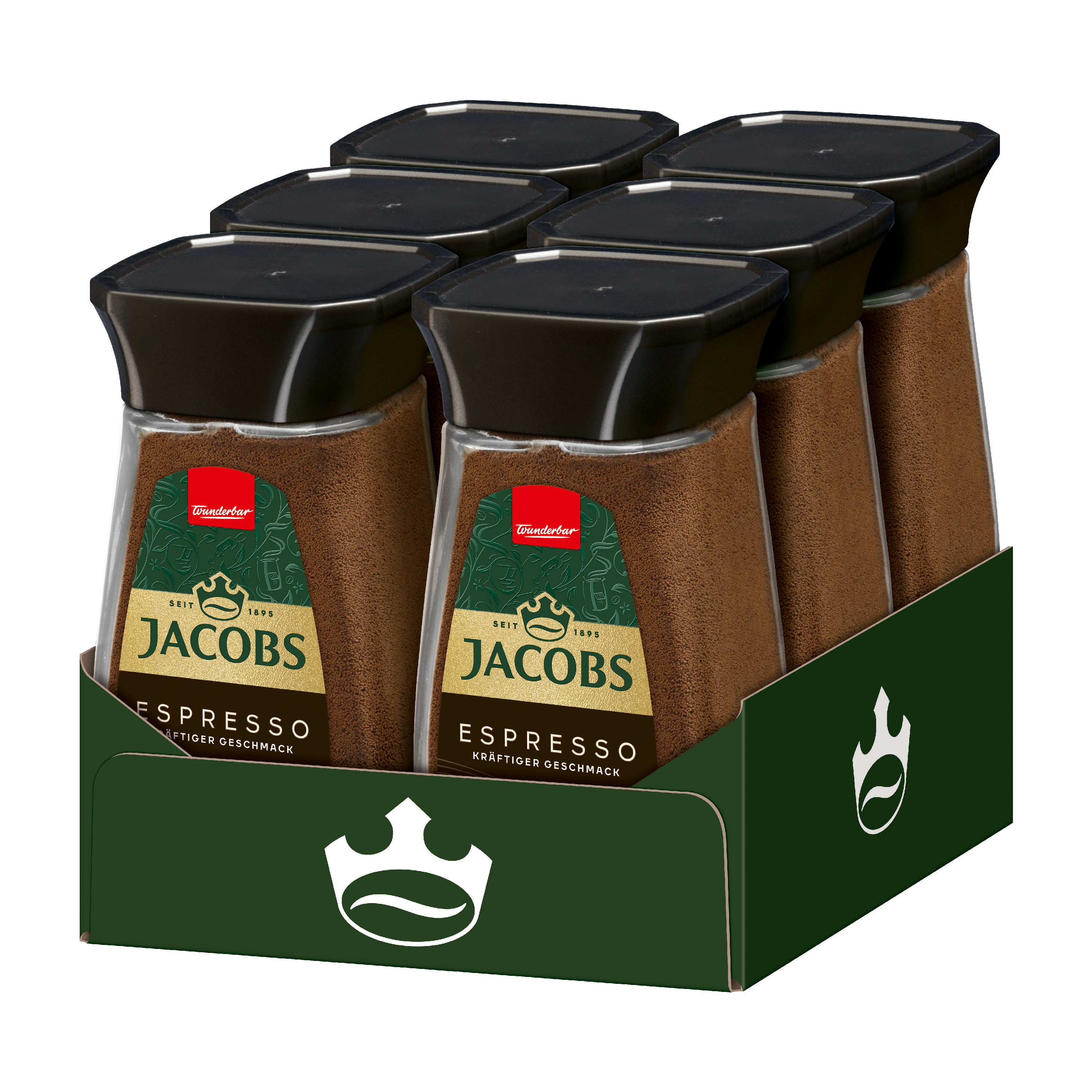 Packung Jacobs Espresso-Kaffeegläser, grüner Hintergrund.