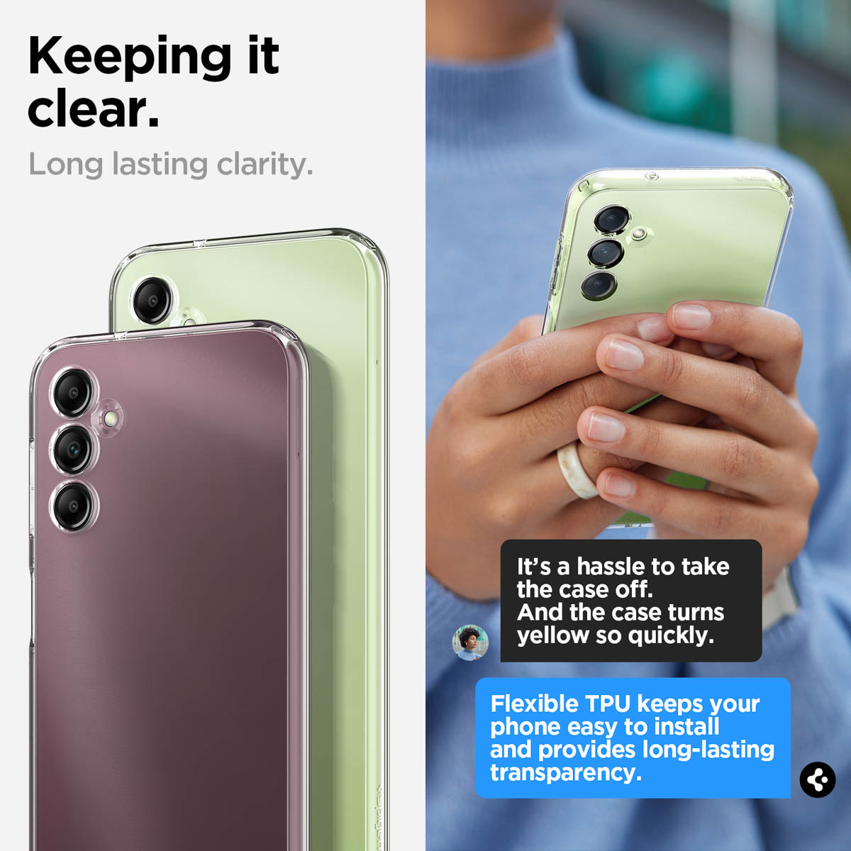 Due telefoni in custodie, testo sulla chiarezza e una mano che tiene un telefono verde.
