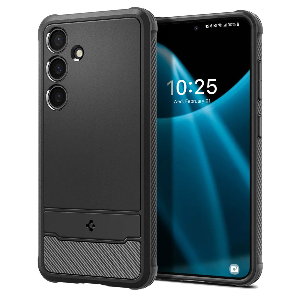 Téléphone noir dans une coque noire avec fente pour carte. L'écran est allumé.