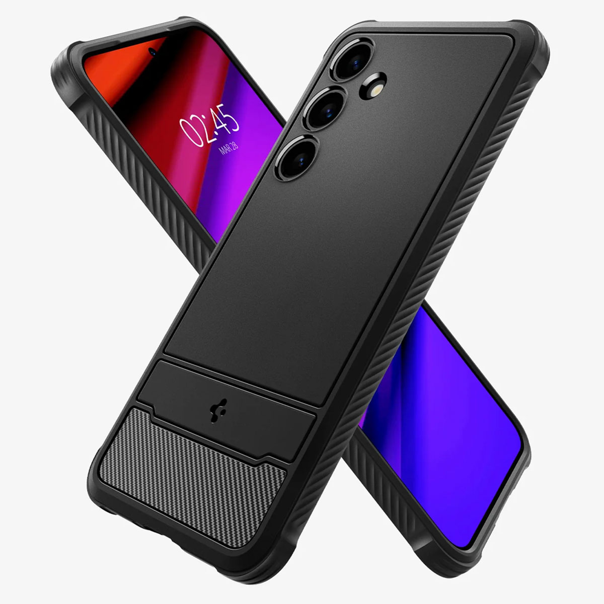 Coque de téléphone noire avec un téléphone à l'intérieur. Le téléphone affiche la date et l'heure.