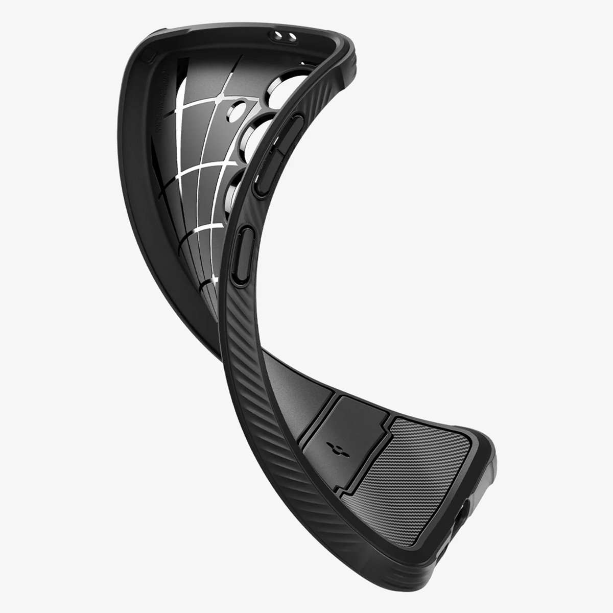 Coque de téléphone noire, avec un design flexible. L'intérieur a un motif en grille. La coque est incurvée.