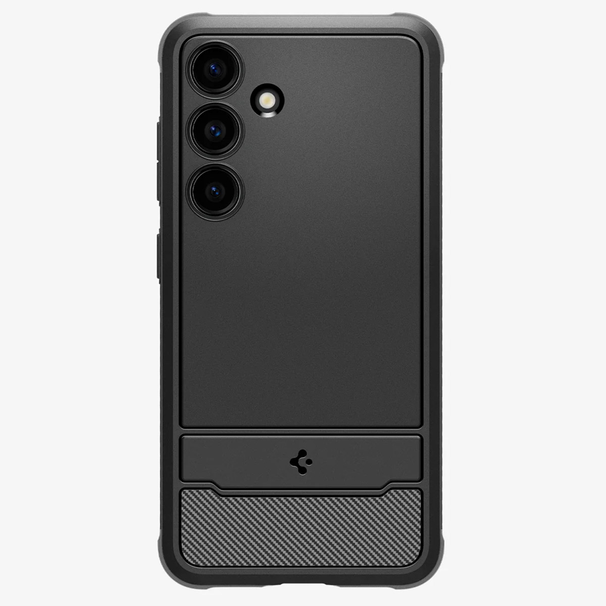 Coque noire avec trois caméras et béquille. La coque a une base texturée.