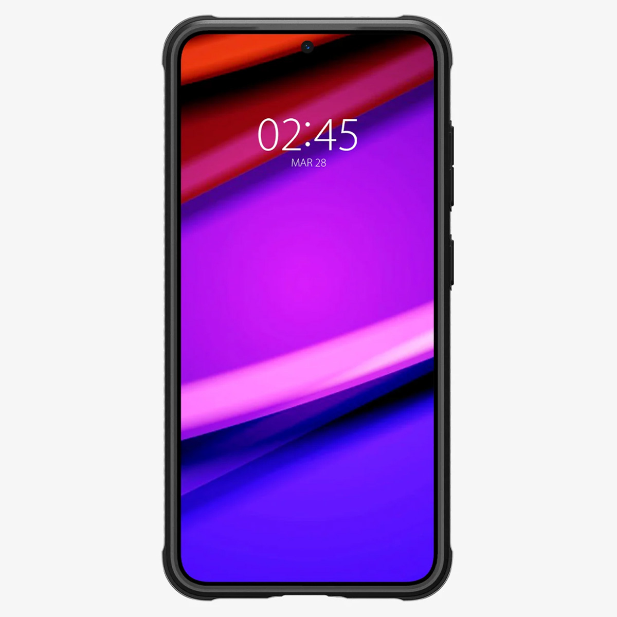 Smartphone affichant un écran coloré avec l'heure 02:45 et la date MAR 28.