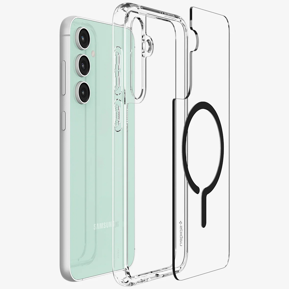 Telefono con custodia trasparente e anello MagSafe separato.