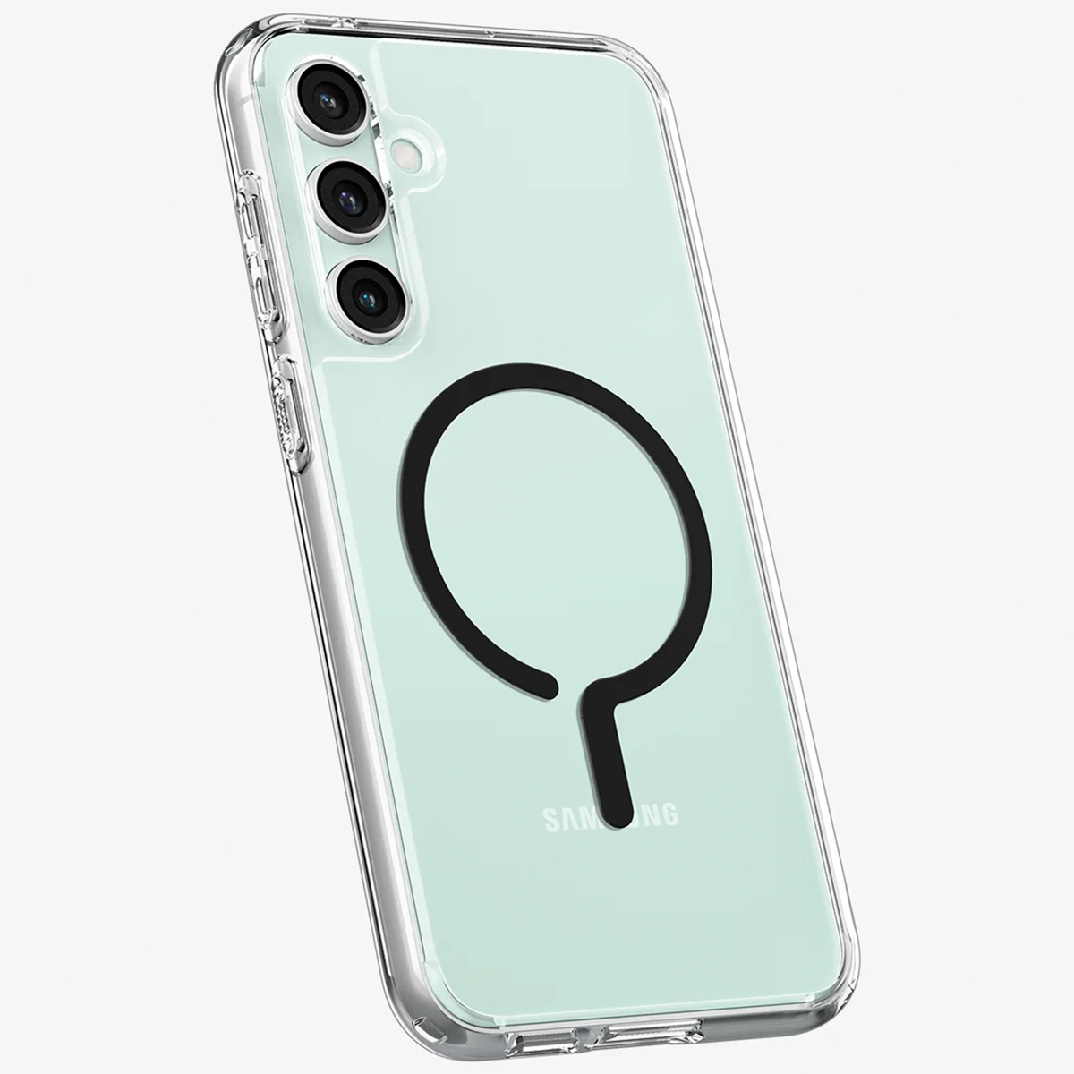 Custodia trasparente con un magnete circolare nero. Il telefono ha tre lenti.