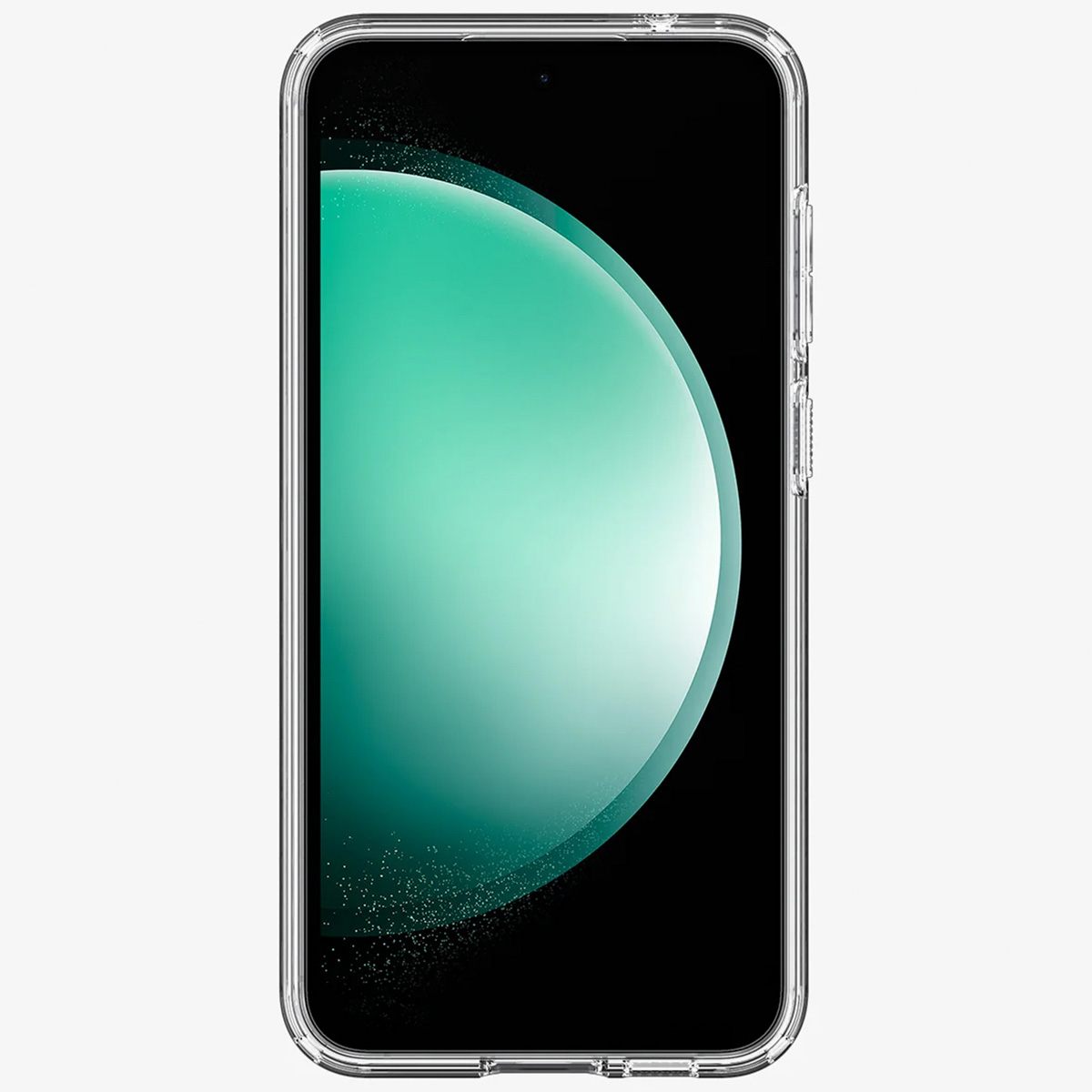 Una custodia trasparente per telefono con un telefono all'interno, che mostra una sfumatura verde e bianca.