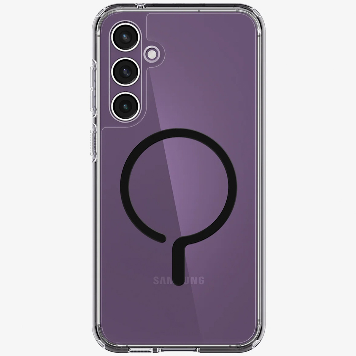 Custodia trasparente con retro viola e caricatore MagSafe nero circolare.