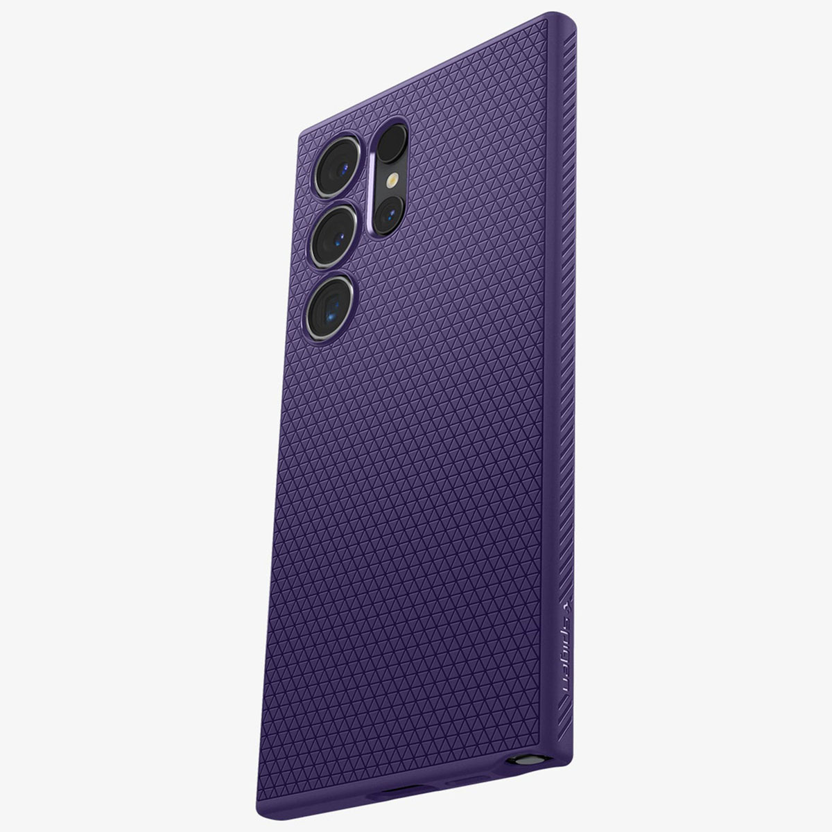 Custodia viola per telefono con un motivo geometrico strutturato. Il telefono ha tre lenti.