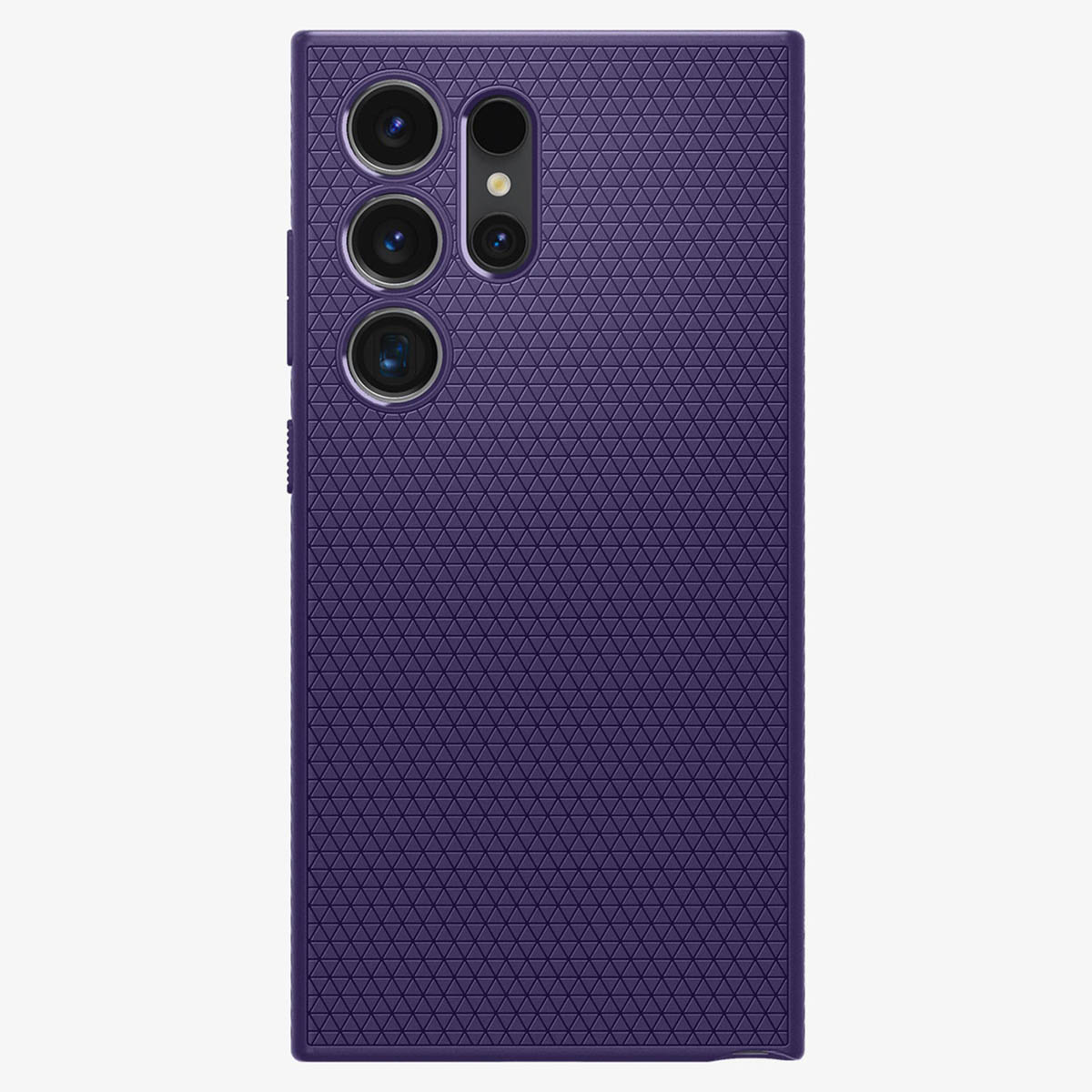 Custodia viola per telefono con motivo geometrico. Con fotocamera a tripla lente.