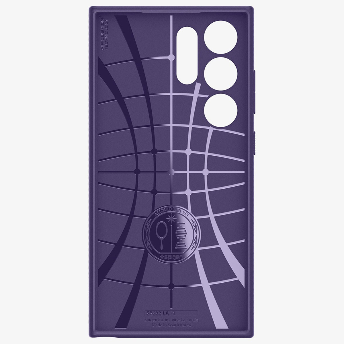 Custodia viola con motivo a griglia. La custodia ha il logo Spigen.