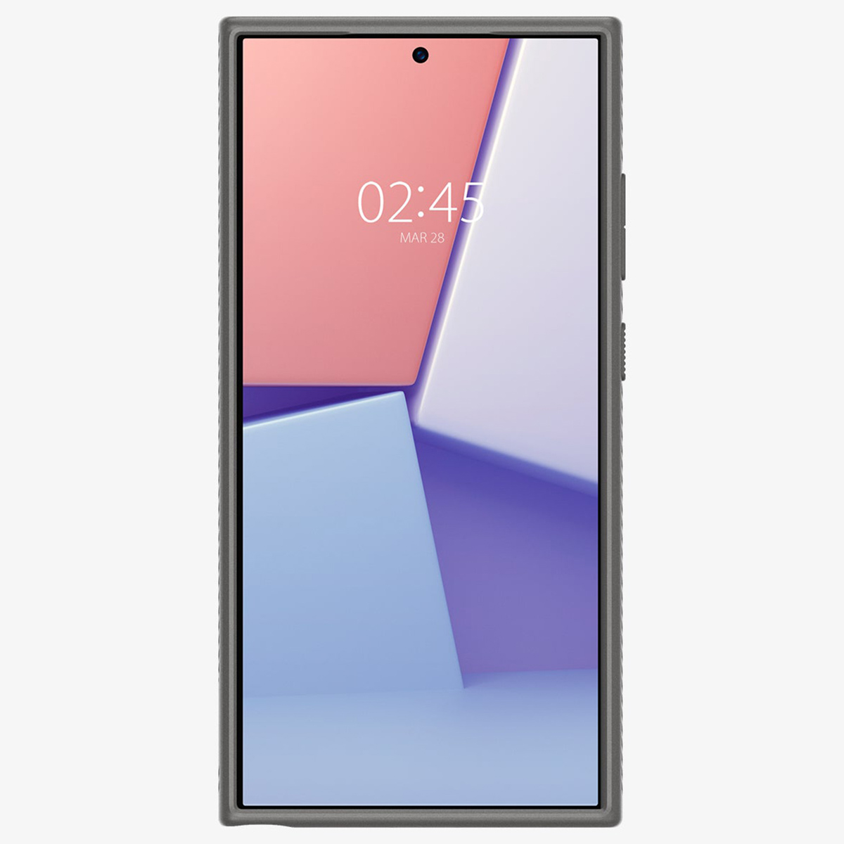 Un telefono in una custodia grigia che mostra uno sfondo astratto colorato. L'ora è 02:45, 28 marzo.