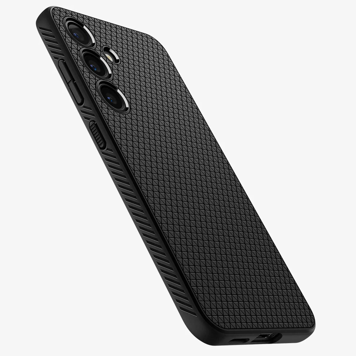 Custodia per telefono nera con una trama a motivo di diamanti. La custodia è angolata, mostrando il retro.