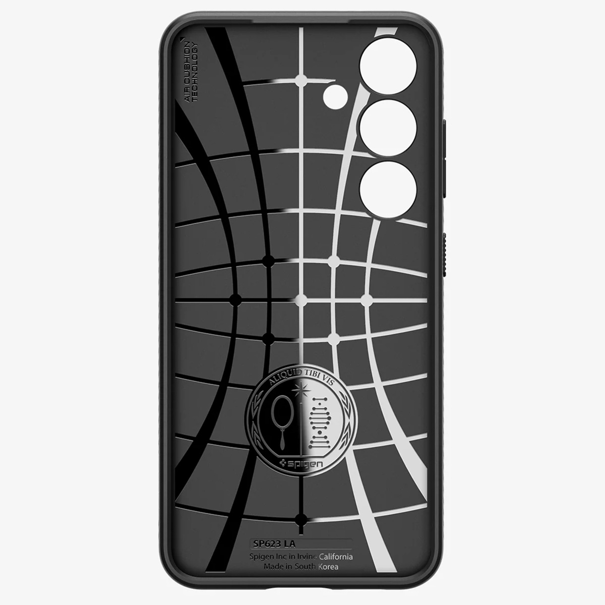 Custodia nera per telefono con motivo a griglia argentato, logo e testo.