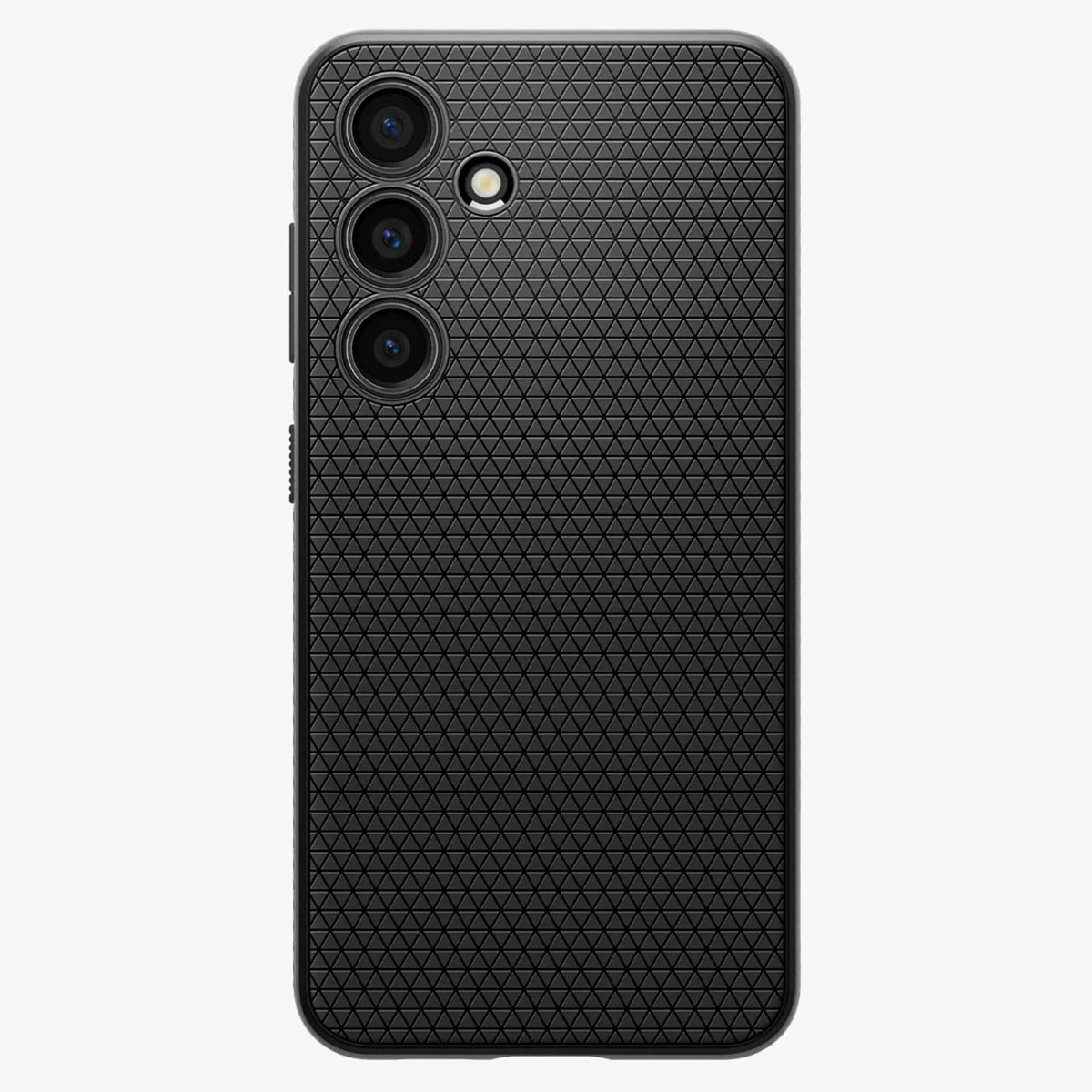 Custodia per telefono nera con motivo strutturato, che mostra le lenti della fotocamera e il flash.