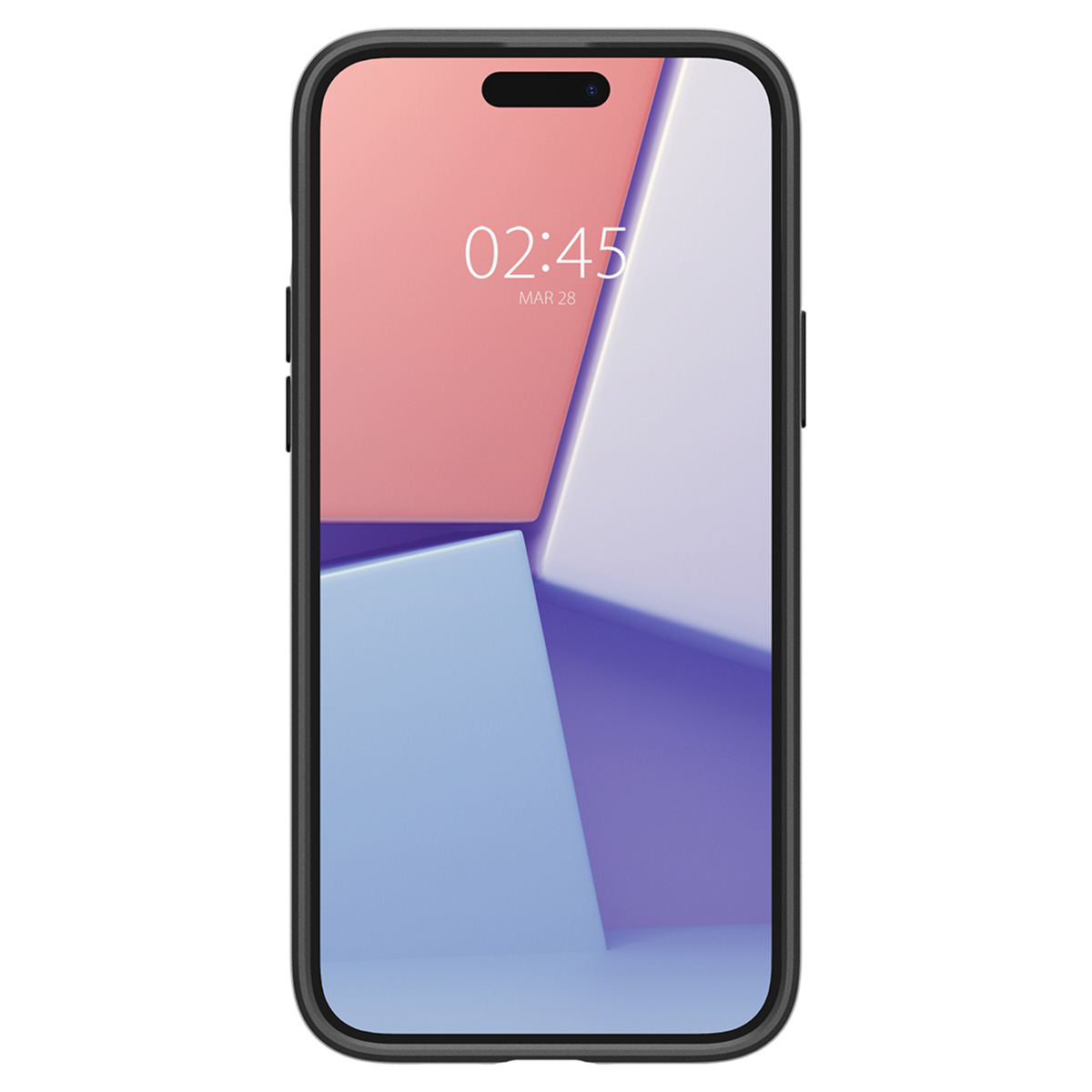 Smartphone con custodia nera. Lo schermo mostra l'ora 02:45 e la data MAR 28.