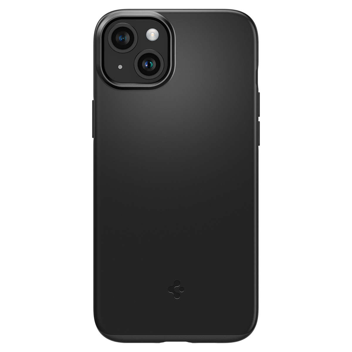 Custodia nera per telefono con lenti della fotocamera. Sfondo nero. Il telefono è scuro.