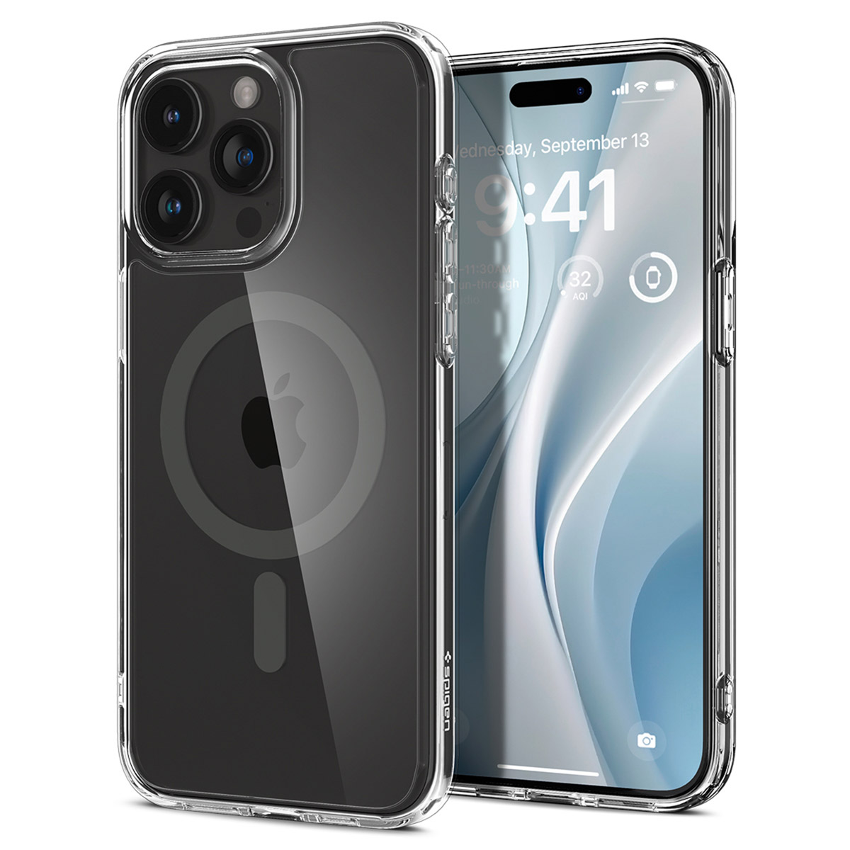 Transparante telefoonhoes. De telefoon heeft drie camera's. De telefoonhoes heeft een zwarte cirkel op de achterkant.