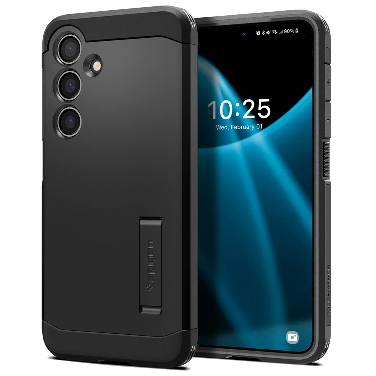 Zwarte telefoon met hoesje. Toont tijd en datum. Zwarte hoes met standaard. Witte achtergrond.