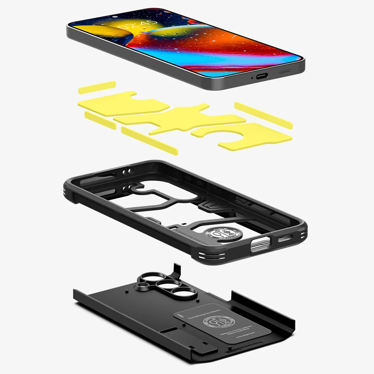 Exploded view van een telefoon, hoes en accessoires. Gele stukken zijn rond de telefoon geplaatst.