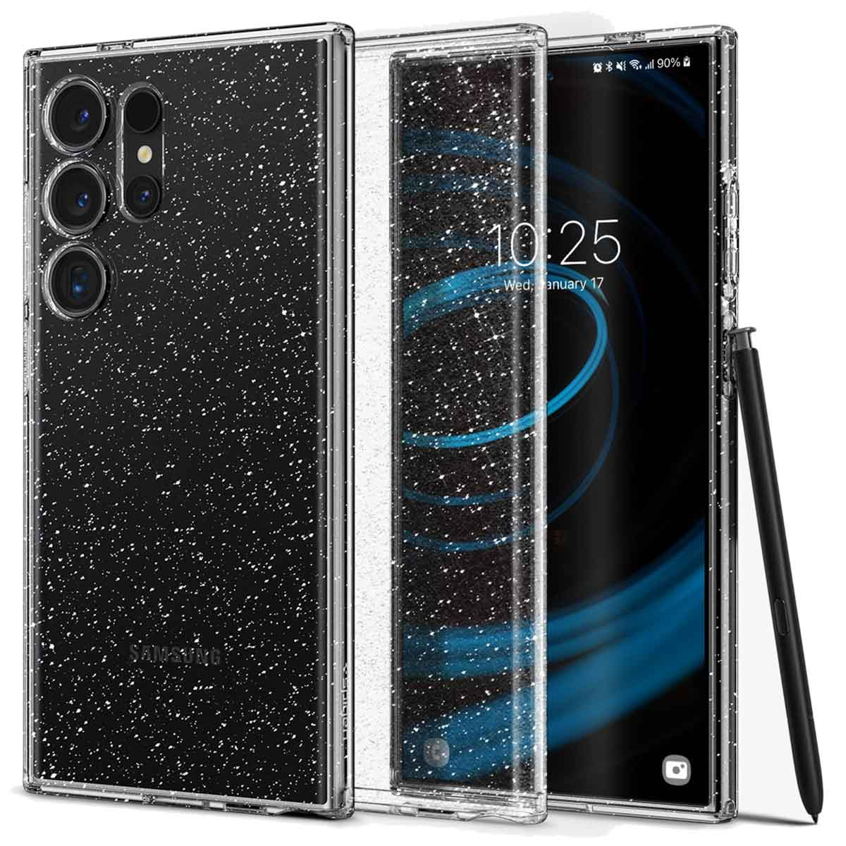 Telefoonhoes met een telefoon erin, bedekt met witte spikkels, met een S-Pen.