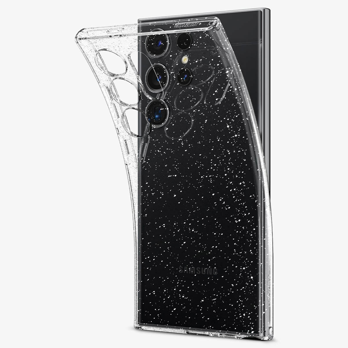 Telefoon met een doorzichtige hoes, de achterkant zichtbaar. Zwart met witte spikkels.