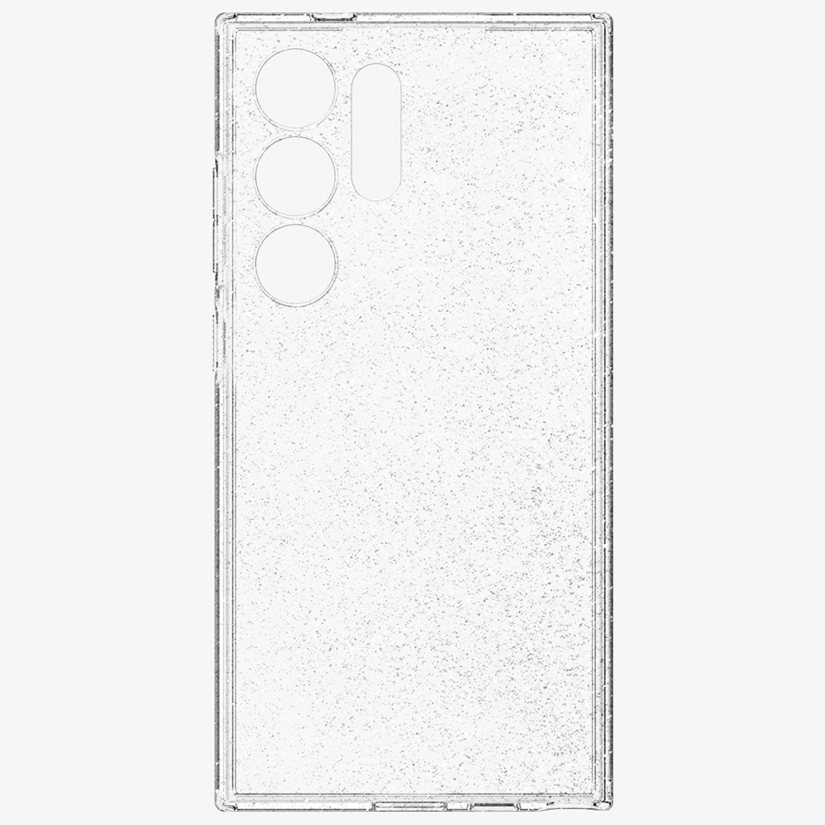 Lijntekening van een telefoonhoesje met camera- en knopuitsparingen.