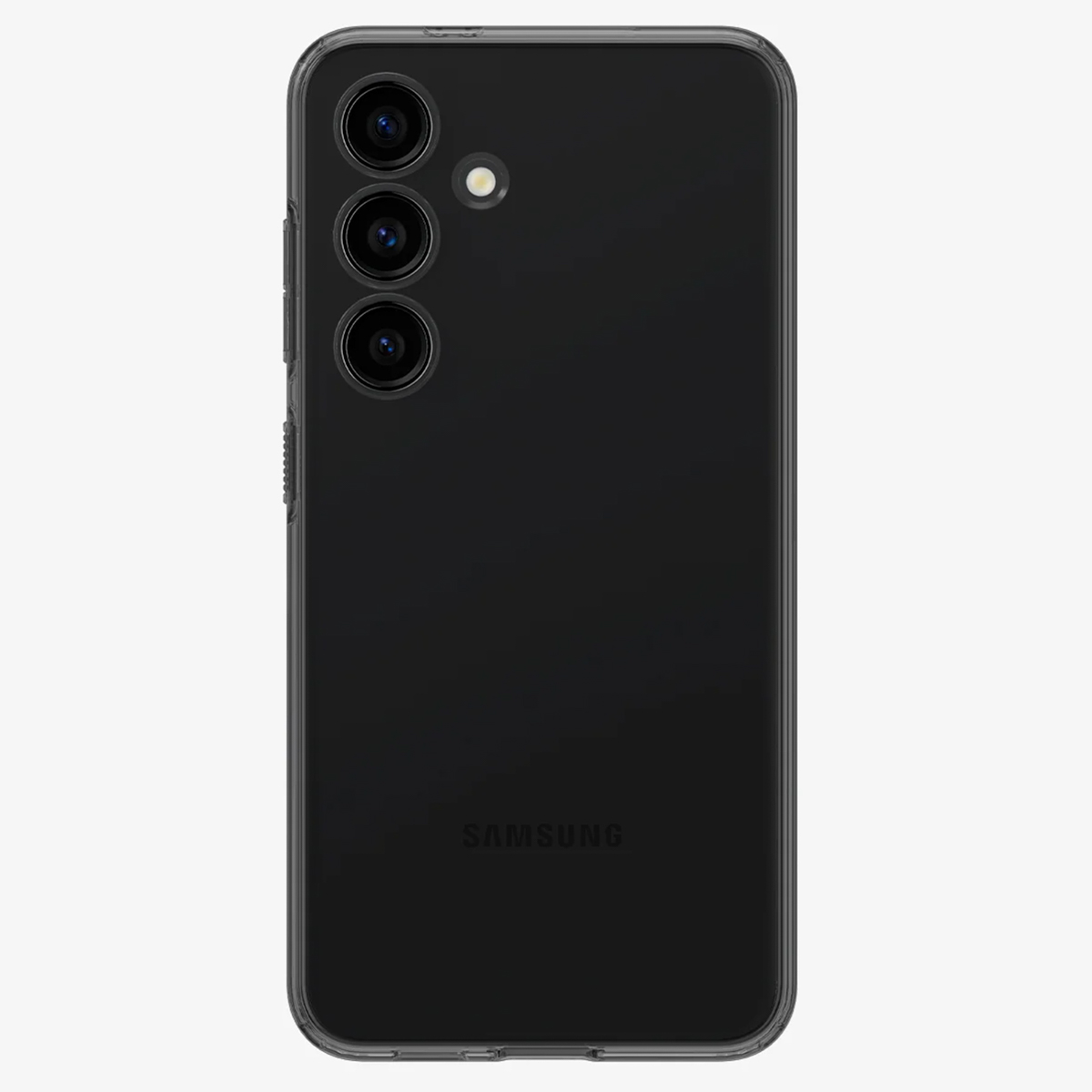Zwarte telefoon, achteraanzicht, drievoudige camera, Samsung logo.