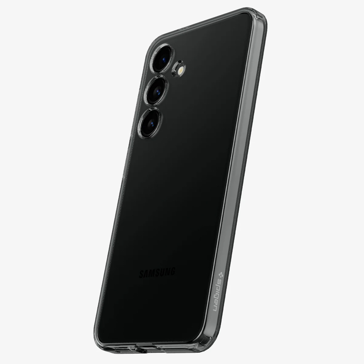Zwarte telefoonhoes met drie camera's, transparant achterpaneel en het Samsung-logo.