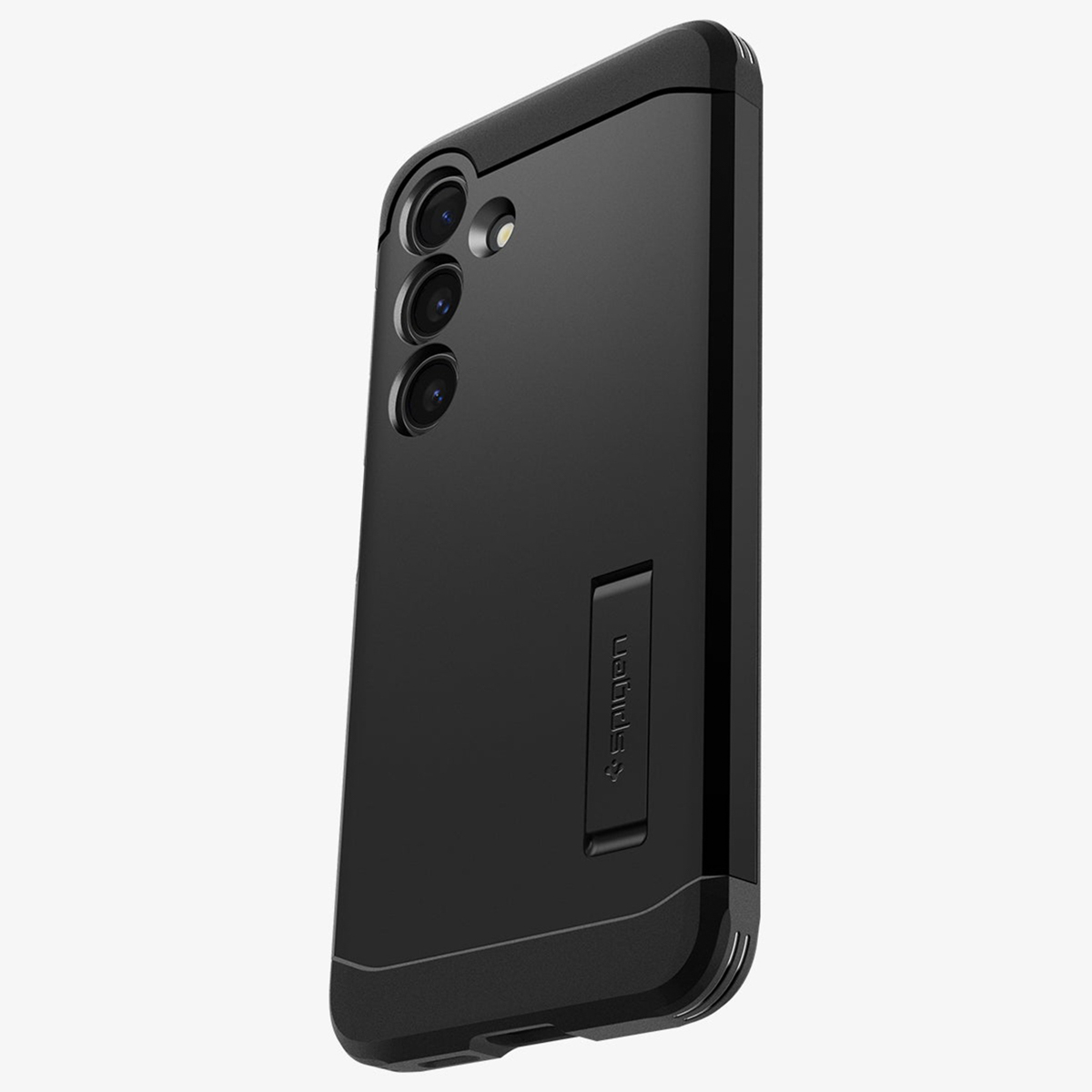 Coque de téléphone noire avec un téléphone. La coque est entièrement noire. L'arrière de la coque est visible. Logo Spigen.