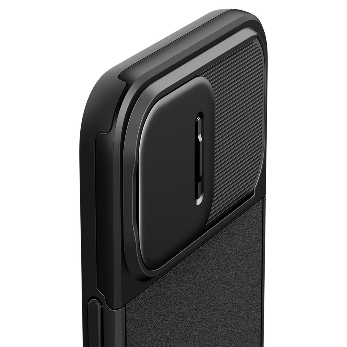 Zwarte telefoonhoes met geribbelde textuur en schuifbare cameralens.