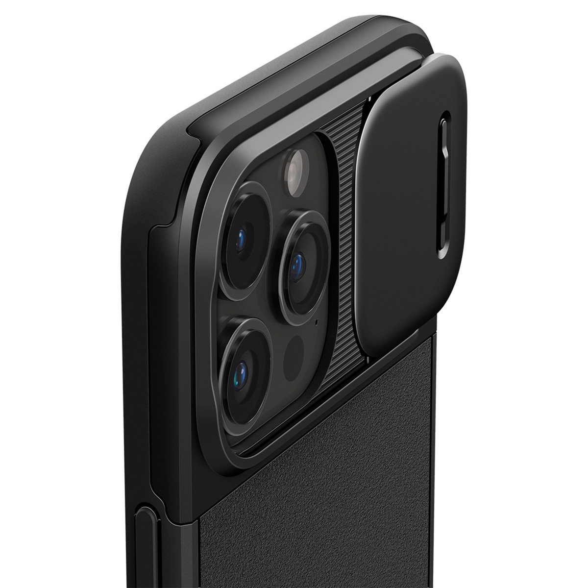 Zwarte telefoonhoes met drievoudige cameralens en schuifdeksel.