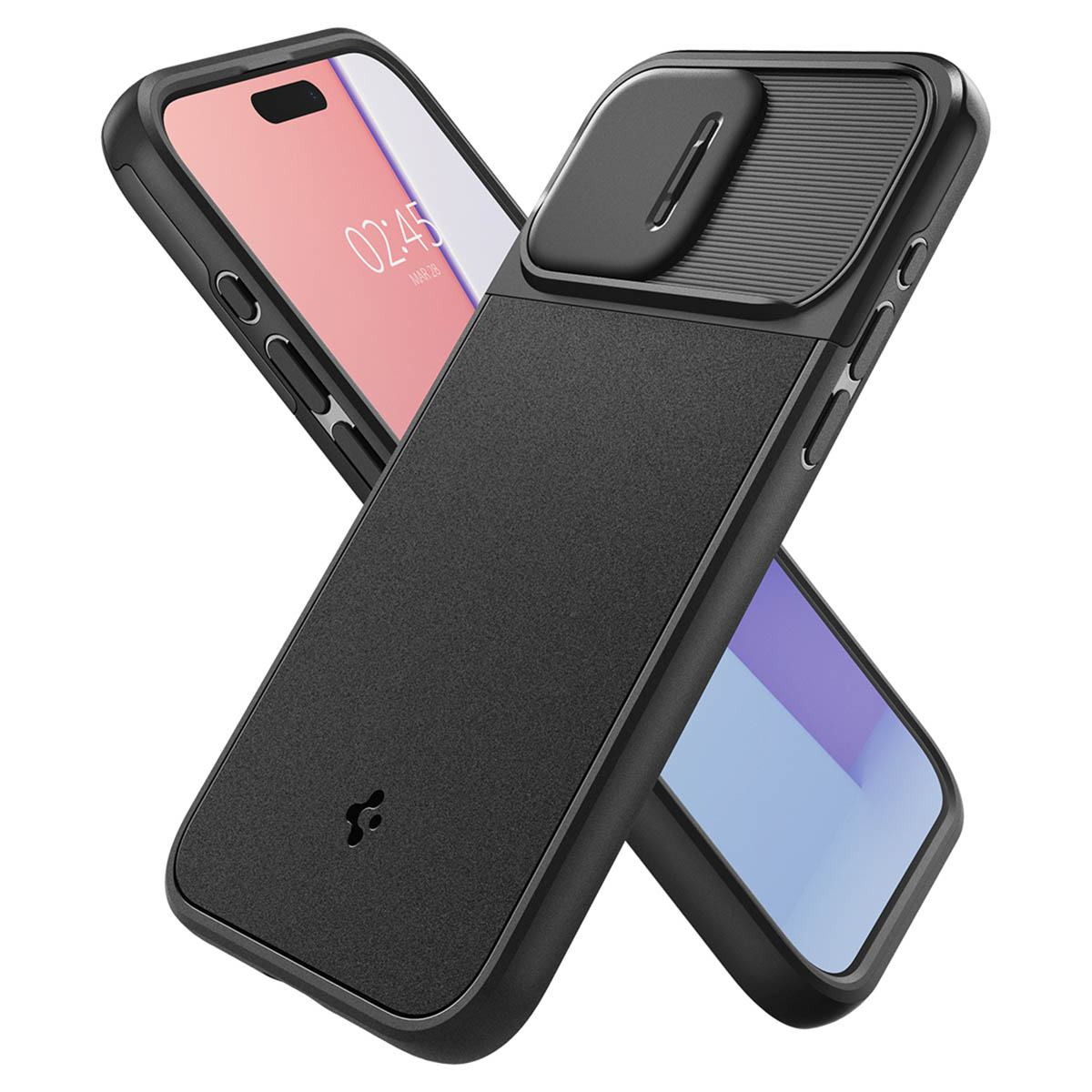 Twee zwarte telefoonhoesjes, één met een zwarte cover, met een zichtbare telefoon, op een witte achtergrond.