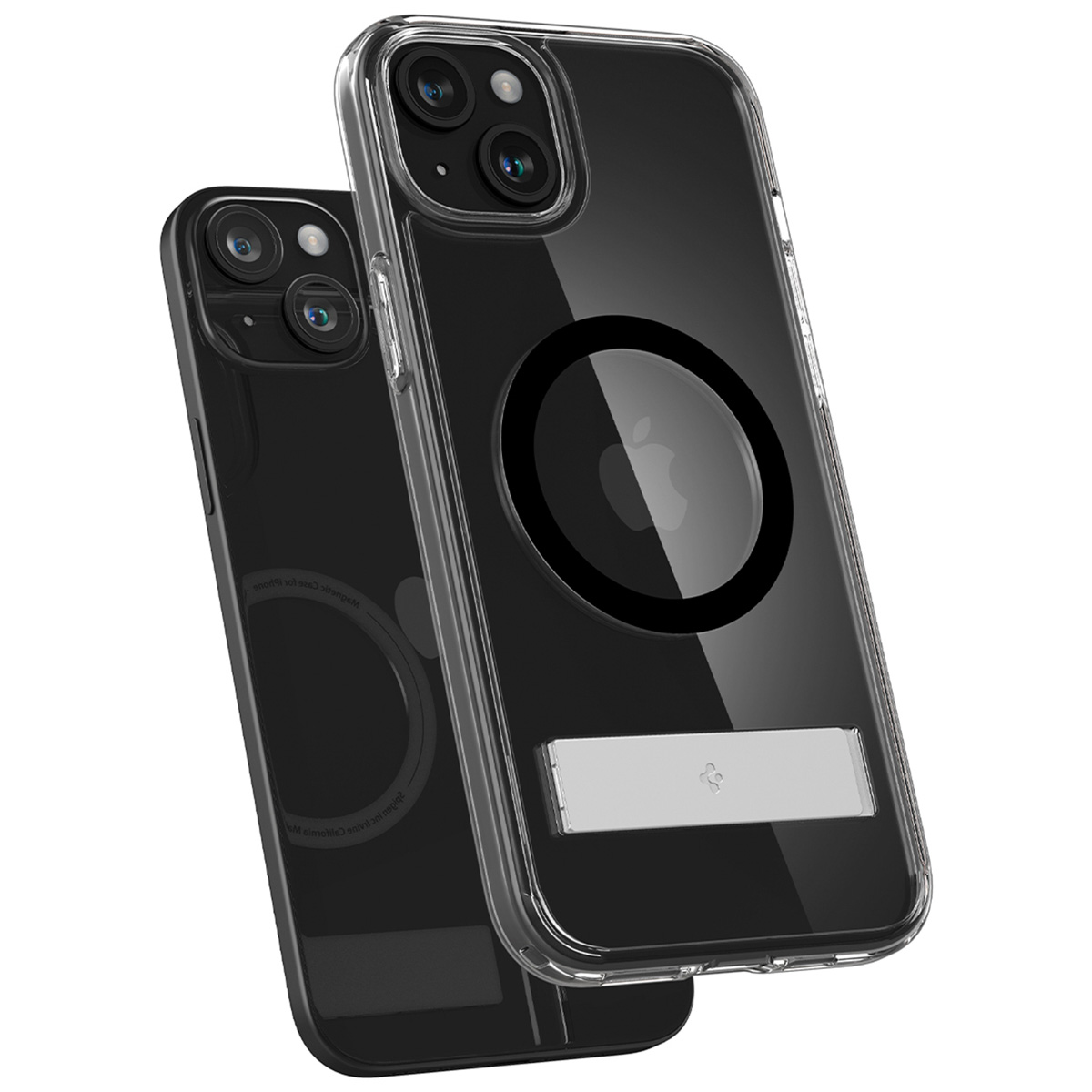 Twee doorzichtige telefoonhoesjes met camera's en Apple-logo op witte achtergrond.