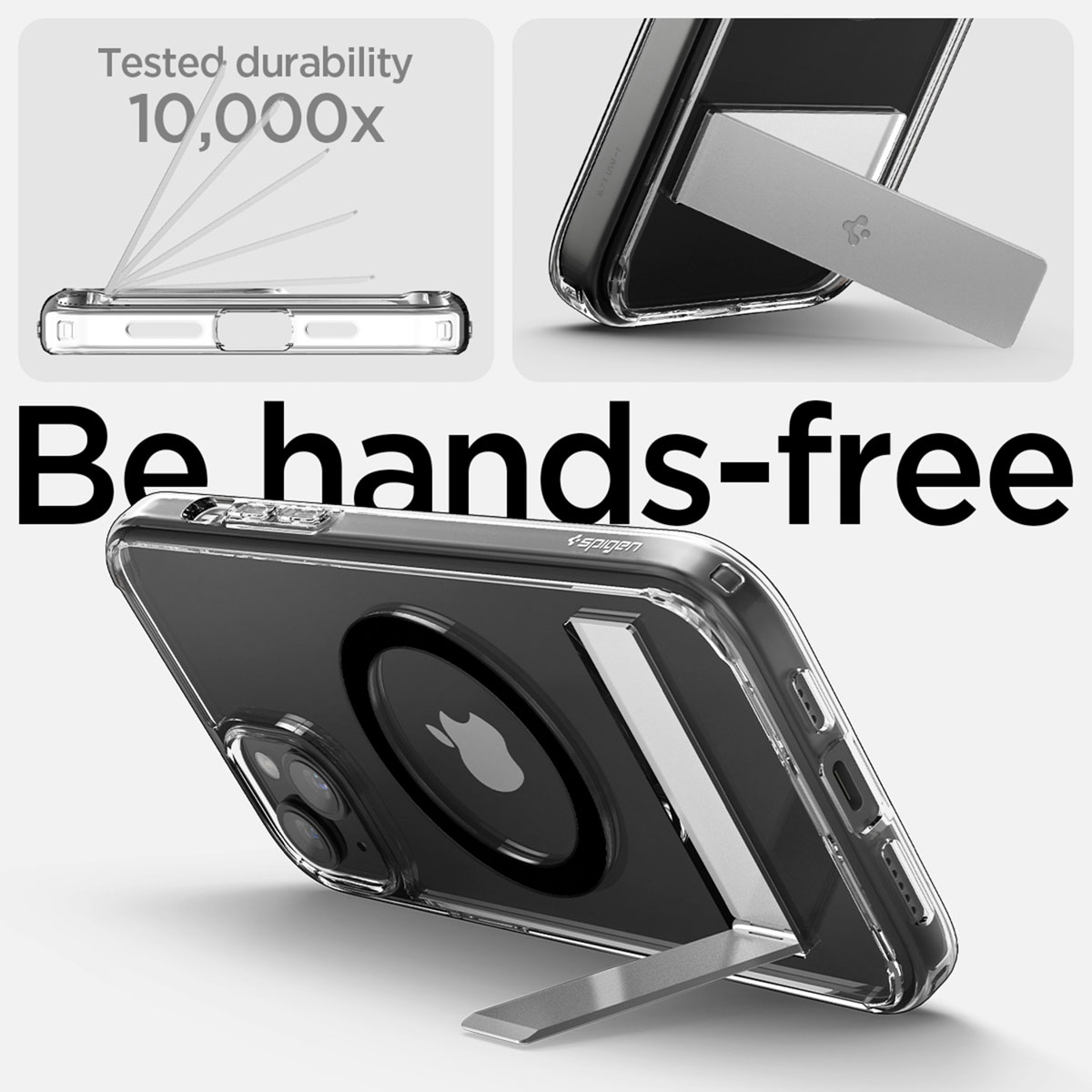 Telefoon in een doorzichtige hoes met een standaard. Tekst: Handsfree. Geteste duurzaamheid 10.000x.