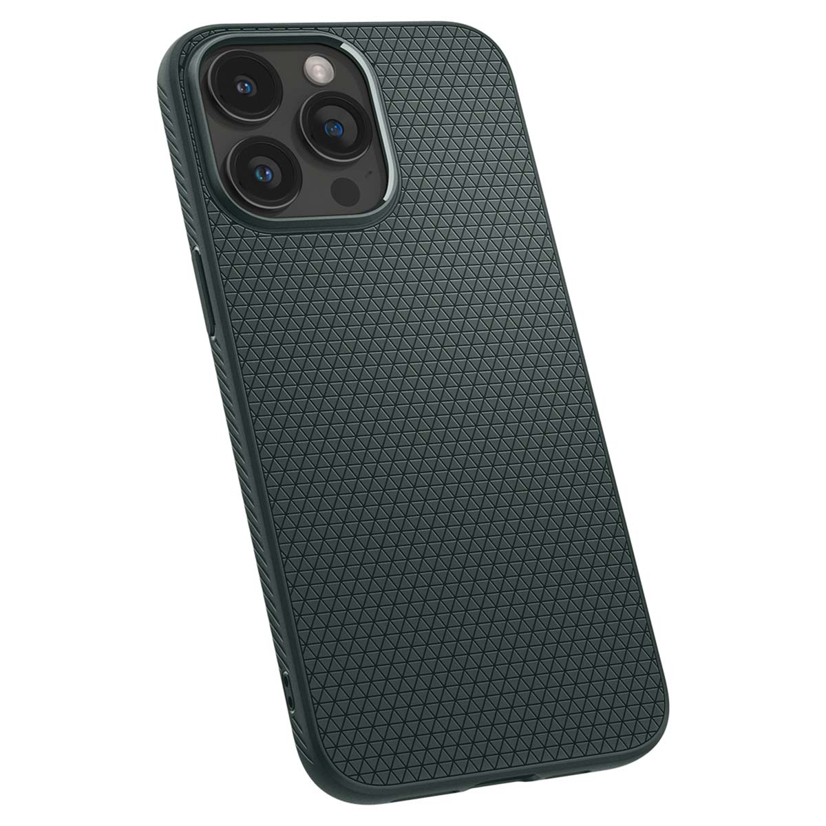Custodia verde scuro per telefono con motivo geometrico strutturato. Il telefono ha tre lenti.