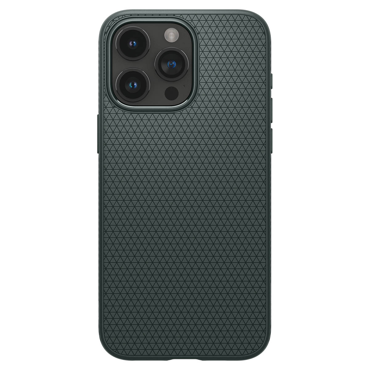 Una custodia per telefono verde scuro con superficie strutturata e tre fotocamere.