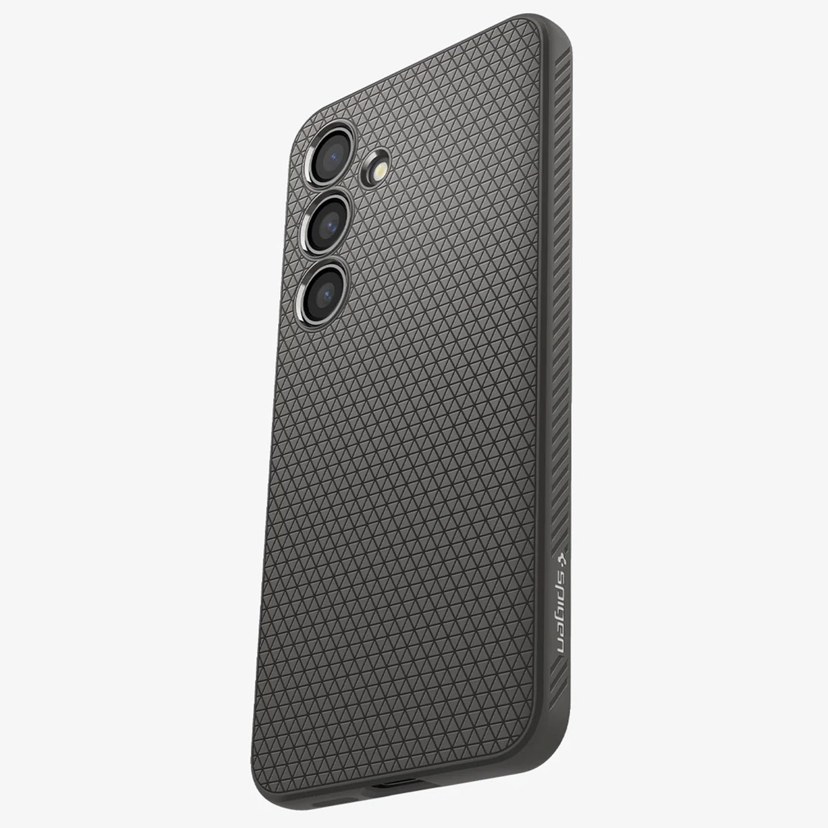 Custodia grigia per telefono con motivo geometrico strutturato. Il telefono ha tre lenti.